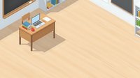 Isometric classroom interior with wooden desk, laptop, chalkboard, and shelving on light wood flooring, suitable for educational content and e-learning design projects.