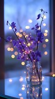 Purple orchid stems in glass jar against evening window with soft bokeh lights creating romantic atmosphere, reflection on glass surface.
