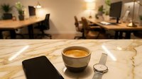 Espresso cup, smartphone, and wristwatch on marble desk in modern coworking space with workstations in background.
