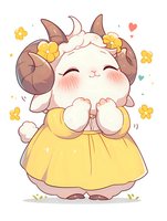 Adorable kawaii sheep character in yellow dress with ram horns and flowers, blushing and smiling. Cute anime style illustration for children's design and merchandise.