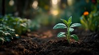 Young green plant seedling emerging from rich dark soil with soft bokeh background lighting symbolizing new life growth and environmental sustainability.