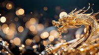 Golden dragon statue with intricate scales and flowing mane against blurred warm bokeh lights, suitable for luxury, Asian culture, and festive design projects.