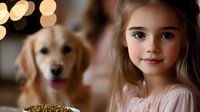 Young blonde Caucasian girl with golden retriever puppy and dog food kibble. Warm bokeh lights create cozy atmosphere for pet care and family bonding moments.
