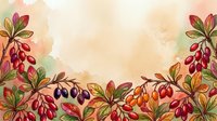 Watercolor autumn berries and foliage border with red and orange hanging fruit clusters, green leaves, and warm beige background, suitable for fall designs and seasonal projects.