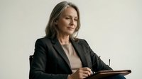 Professional mature Caucasian businesswoman in black suit writing notes at desk, confident executive leader planning strategy in modern office environment.