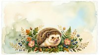 Cute hedgehog surrounded by wildflowers, berries, and fern leaves in watercolor style. Suitable for children's books, nursery decor, greeting cards, and woodland-themed designs.