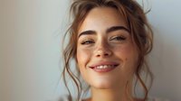 Young Caucasian woman with freckles and natural makeup smiling warmly at camera. Messy updo hairstyle with loose strands frames her glowing face against soft blurred background.