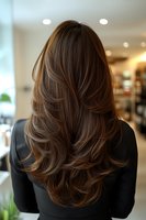 Back view of long layered brunette hair with subtle highlights on woman wearing black blazer in salon setting, showcasing modern haircut styling and texture.