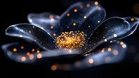 Mystical dark flower with glowing golden center and magical sparkles against black background, creating ethereal botanical art piece for fantasy designs.