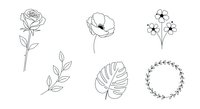 Minimalist line art botanical elements including rose, poppy, wildflowers, leaves, monstera, and floral wreath. Isolated line drawings for design, tattoo, and decoration projects.