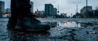 Person walking through urban puddle on wet asphalt street during evening hours with city buildings and lights reflecting in water creating moody atmosphere.
