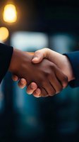 Close-up of business handshake between diverse professionals with warm bokeh lights in background, symbolizing partnership and agreement.