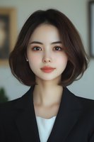 Young Asian woman with short bob hairstyle wearing black blazer and white top. Professional portrait with soft natural makeup and warm brown eyes against blurred background.