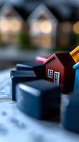 Small red toy house among blue blocks with blurred residential buildings in background, representing real estate market, property investment and housing concepts.