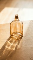 Empty amber glass bottle with cork stopper on wooden surface in bright sunlight, casting shadows. Suitable for perfume, essential oil, or cosmetic product packaging design.