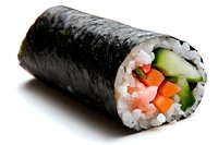 Fresh sushi roll with salmon, cucumber and carrot wrapped in nori seaweed and rice, close up view on white background, traditional Japanese cuisine.