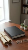 Black hardcover book on wooden desk with rolled parchment scrolls, glasses, and succulents in cozy home office setting.