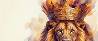 Majestic lion wearing ornate golden crown with warm autumn colors in watercolor style for royal themed designs and luxury branding projects.