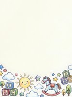 Nursery room border with smiling sun, rocking horse, alphabet blocks, clouds and stars on cream background, suitable for children's wallpaper, posters and educational materials.