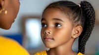Young African American girl with braided ponytail and earrings looking up attentively during conversation, expressing curiosity and engagement in soft natural lighting.