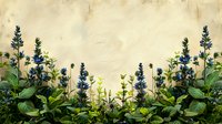 Delicate blue wildflowers and green foliage border against aged paper background, creating nostalgic botanical composition for nature-inspired designs and vintage style projects.