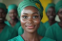 Young African female medical professional in green scrubs and headwrap smiling confidently with healthcare team background for medical diversity campaigns.