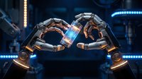 Futuristic robotic hands forming heart shape with glowing holographic display in high-tech laboratory environment for technology concepts.