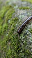 Brown centipede crawling on moss-covered tree bark in natural forest environment with shallow depth of field for nature and wildlife content.