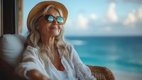 Mature blonde woman in white shirt and straw hat relaxing on wicker chair at oceanfront balcony, enjoying tropical vacation view through reflective sunglasses at sunset.