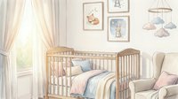 Cozy nursery interior with wooden crib, soft bedding, framed wall art, curtains and comfortable chair for baby room design and parenting content.