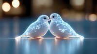 Glowing luminous doves in love sitting close together on reflective surface against blurred bokeh background, romantic magical atmosphere.