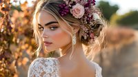 Young blonde bride with elegant floral hair arrangement and lace wedding dress looking over shoulder in golden sunset light for romantic bridal photography.