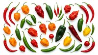 Assorted hot chili peppers and bell peppers in red, orange, yellow, and green varieties isolated on white background, ready for culinary, food design, and recipe illustration projects.