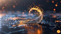 Magical glowing wave of light particles with orange and blue bokeh effects on dark background creates dynamic motion and energy flow pattern.