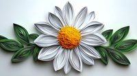 Paper quilled daisy flower with white petals, orange center and green leaves on light background, handmade paper art technique for craft projects and wall decor.