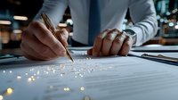 Close-up of business person hands signing contract document on desk with sparkle light bokeh effect, professional agreement concept in office setting.