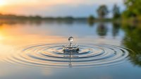Water drop creating ripples on calm lake surface at golden hour sunset with blurred natural landscape background for meditation and tranquility concepts.