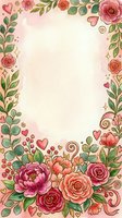 Floral frame with roses, peonies, and greenery arranged on cream background with hearts and decorative swirls, ideal for wedding invitations, greeting cards, and romantic design projects.