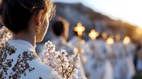 Young Asian woman in traditional white dress with gold embroidery at sunset ceremony, cherry blossoms in foreground, soft bokeh lights create dreamy atmosphere.