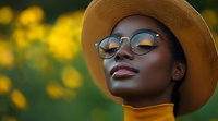 Young African American woman wearing glasses and straw hat smiling serenely against blurred yellow flowers background, dressed in orange turtleneck sweater. Natural beauty portrait.