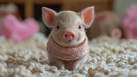Adorable pink piglet wearing knitted scarf, smiling at camera while nestled in cozy beige bedding, creating heartwarming and playful farm animal portrait.