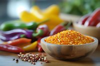 Vibrant spice blend in wooden bowl with colorful bell peppers, red onions and peppercorns on rustic wooden surface, macro food photography for cooking blogs.