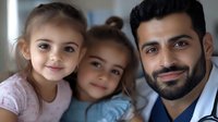 Middle Eastern father with two young daughters sharing tender family moment, expressing joy and connection through genuine smiles. Close up portrait showing warmth and bonding.