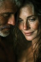 Intimate portrait of mature bearded man and young freckled woman sharing tender moment together in warm natural lighting for relationship concepts.
