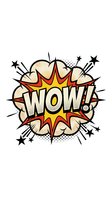 Comic book style WOW exclamation burst with explosion effects and stars on white background for pop art designs and retro graphics.