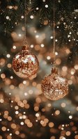 Glittering rose gold Christmas ornaments hanging from pine branches with magical bokeh lights creating festive holiday atmosphere.