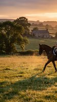 Horse rider in countryside field during golden hour sunset with rolling hills and farmhouse in background creating peaceful rural landscape scene.