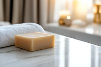 Luxury handmade soap bar on marble bathroom counter with soft towels and warm lighting creating spa-like atmosphere for relaxation and self-care.