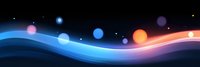 Abstract cosmic waves with glowing orbs and light trails against dark background create flowing motion effect in blue, orange and purple gradient colors.