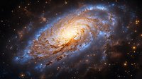 Spiral galaxy with bright golden core surrounded by swirling blue and orange cosmic dust arms against dark space background filled with distant stars.